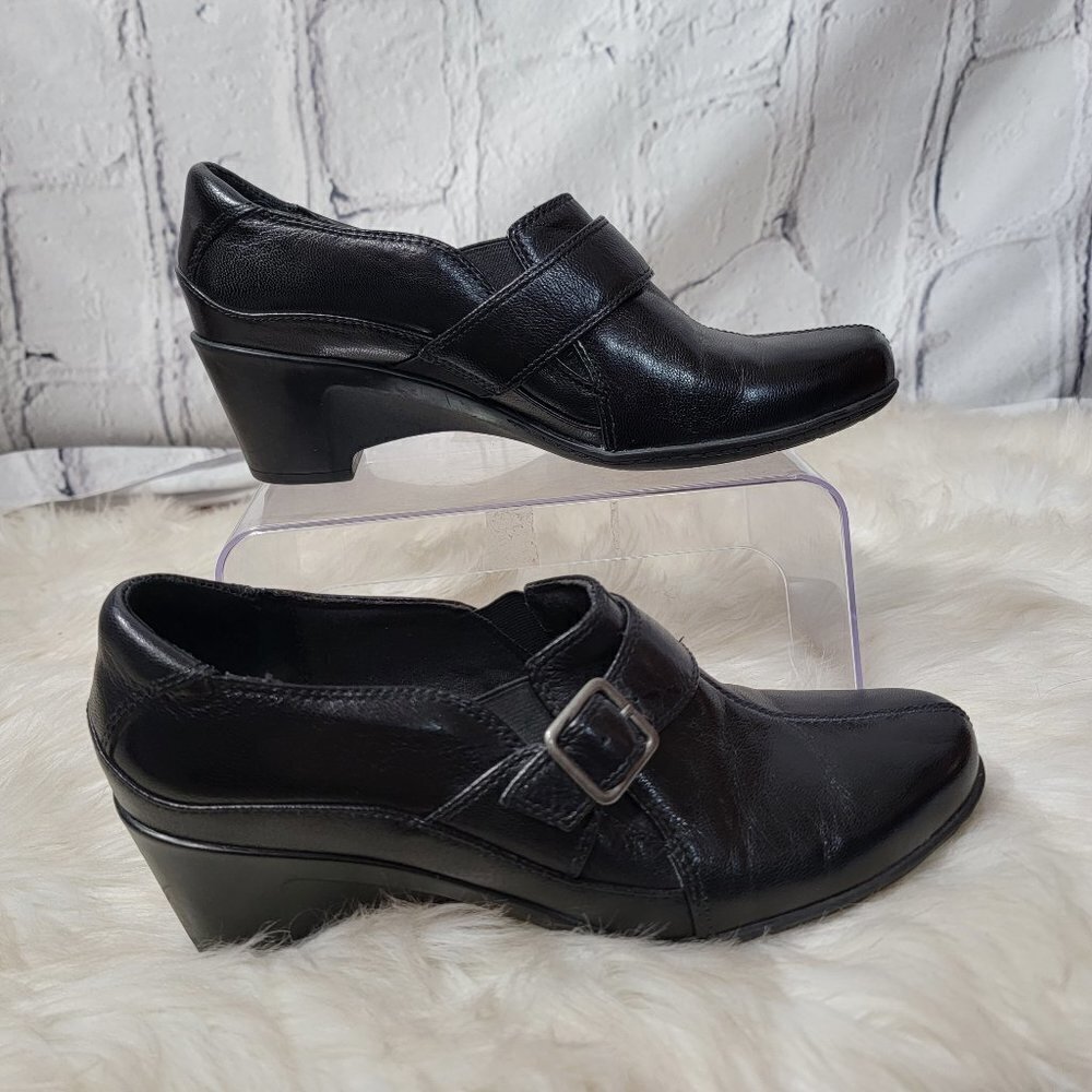 Clarks‎ Bendables Womens Black Wedge Bootie Shoetie Buckle Comfort Casual Sz 10